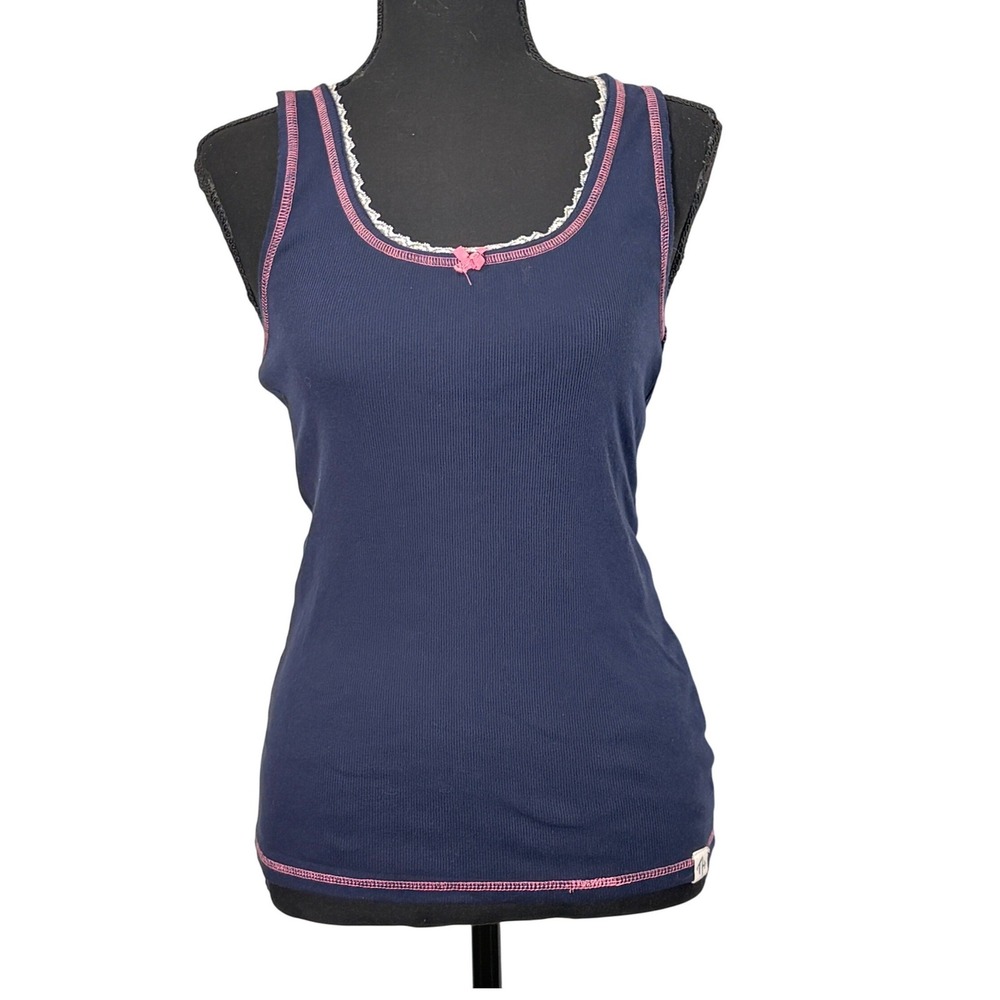 Tommy‎ Hilfiger Y2K Lace Trim Ribbed Tank Small Bow Coquette Coastal Nautical